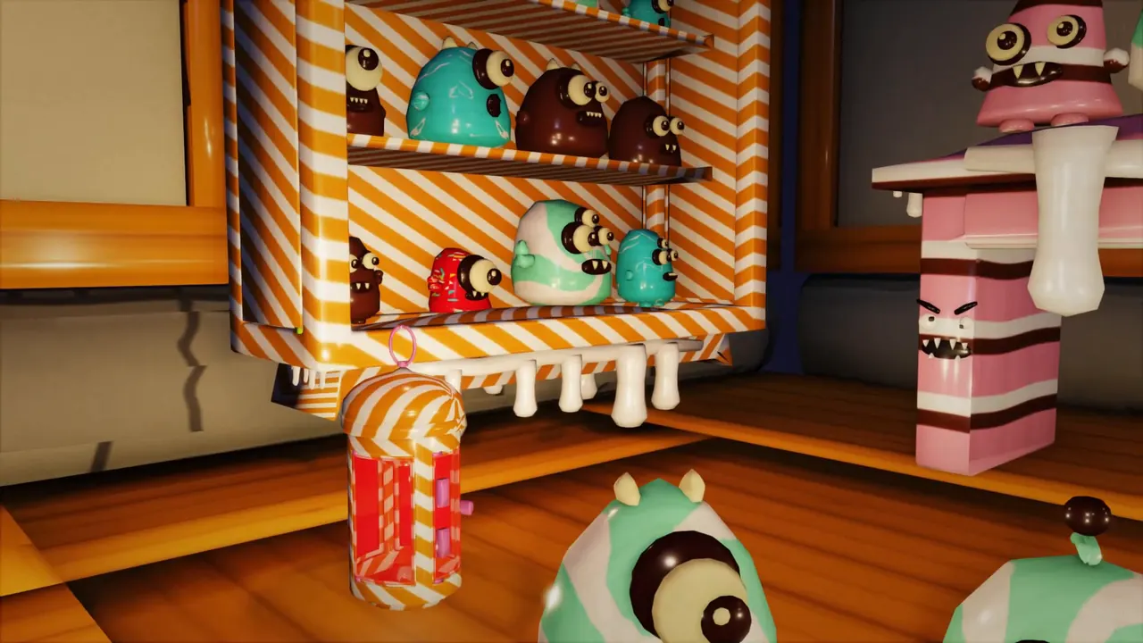 A candy-striped room at night full of round toy critters on shelves