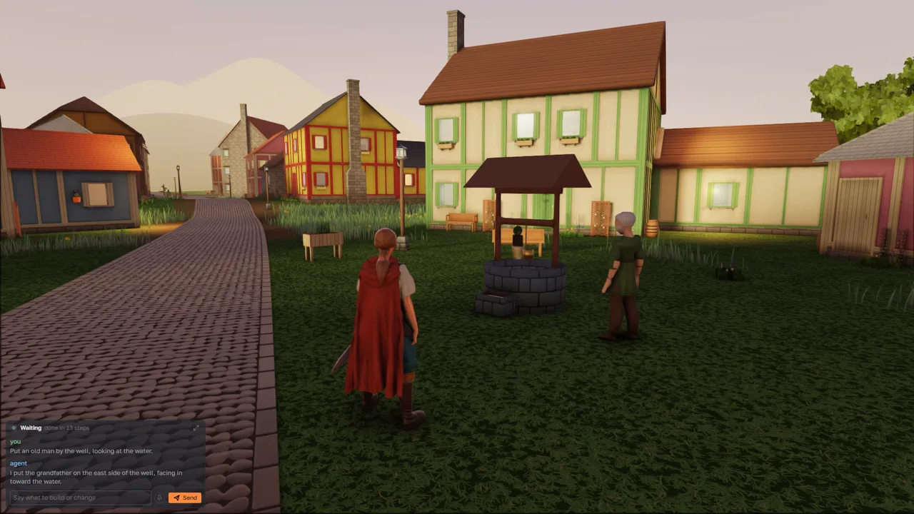 A hero in a red cape by a village well, next to an old man the AI just placed