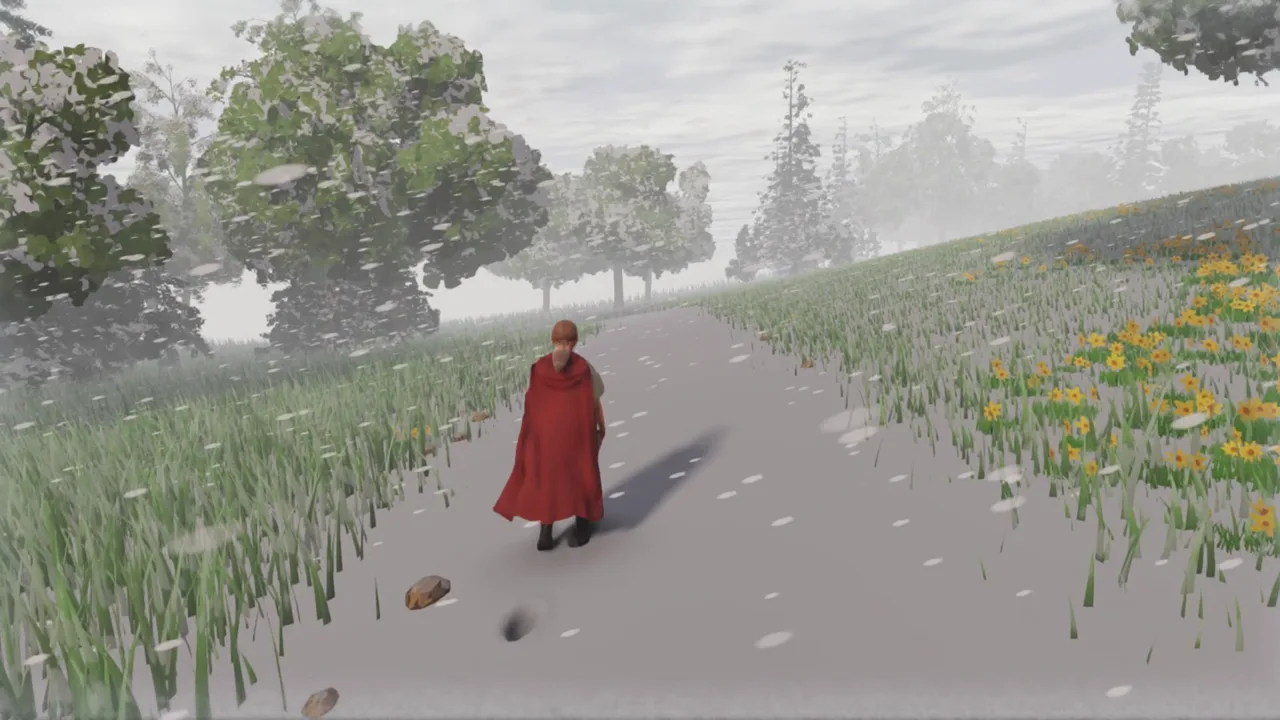 A hero in a red cape walking a snowy road, footprints behind her
